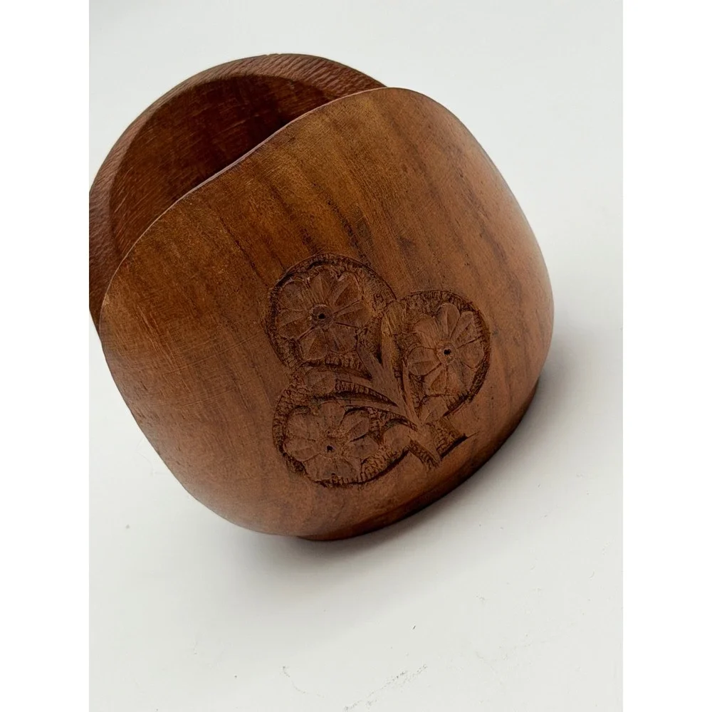 Vintage Hand Carved Floral Wood Coaster Set of 6 with Round Holder Brown Boho